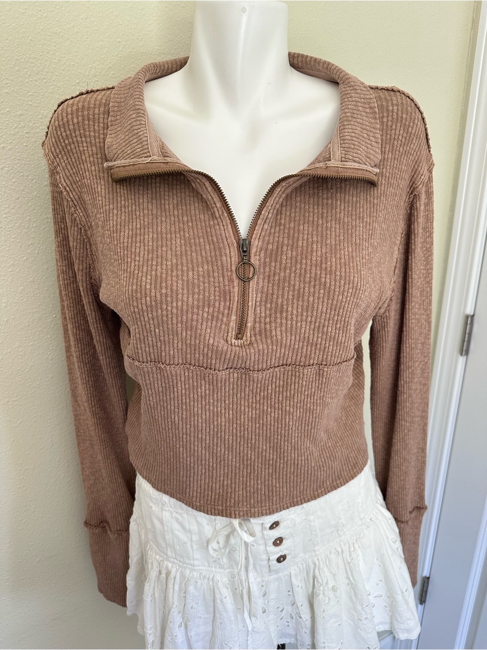 Free People Ribbed Half-Zip Sweatshirt in Mauve Taupe